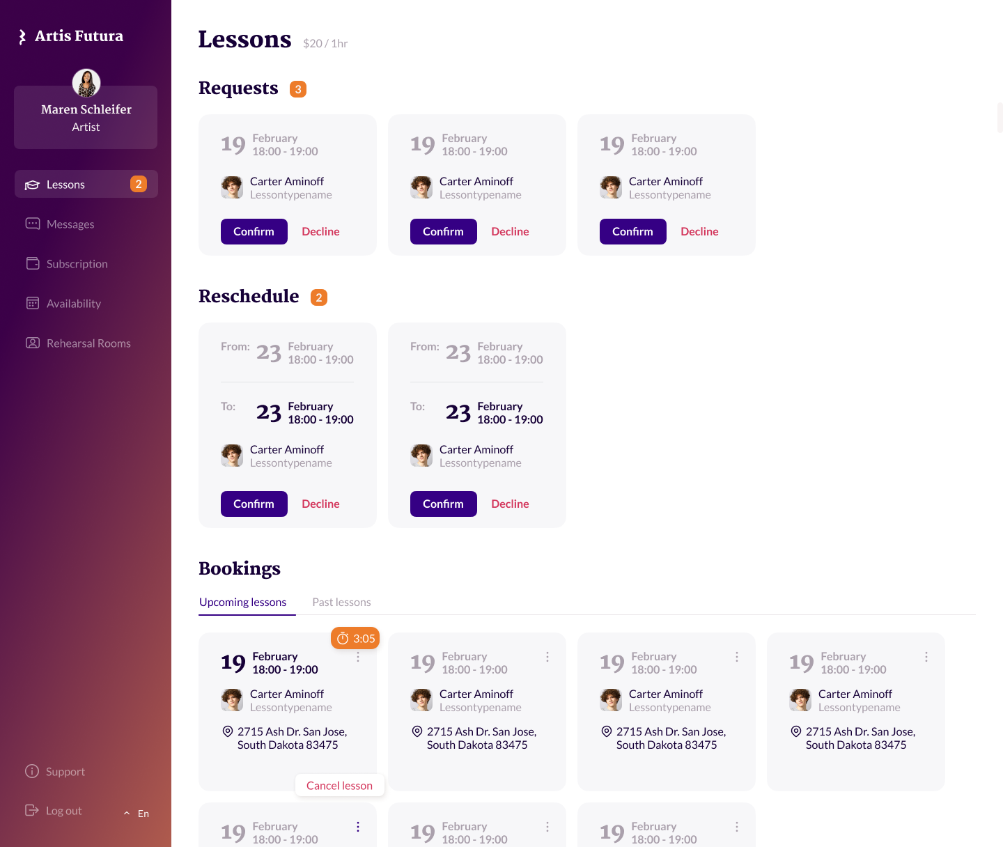 Lesson booking page