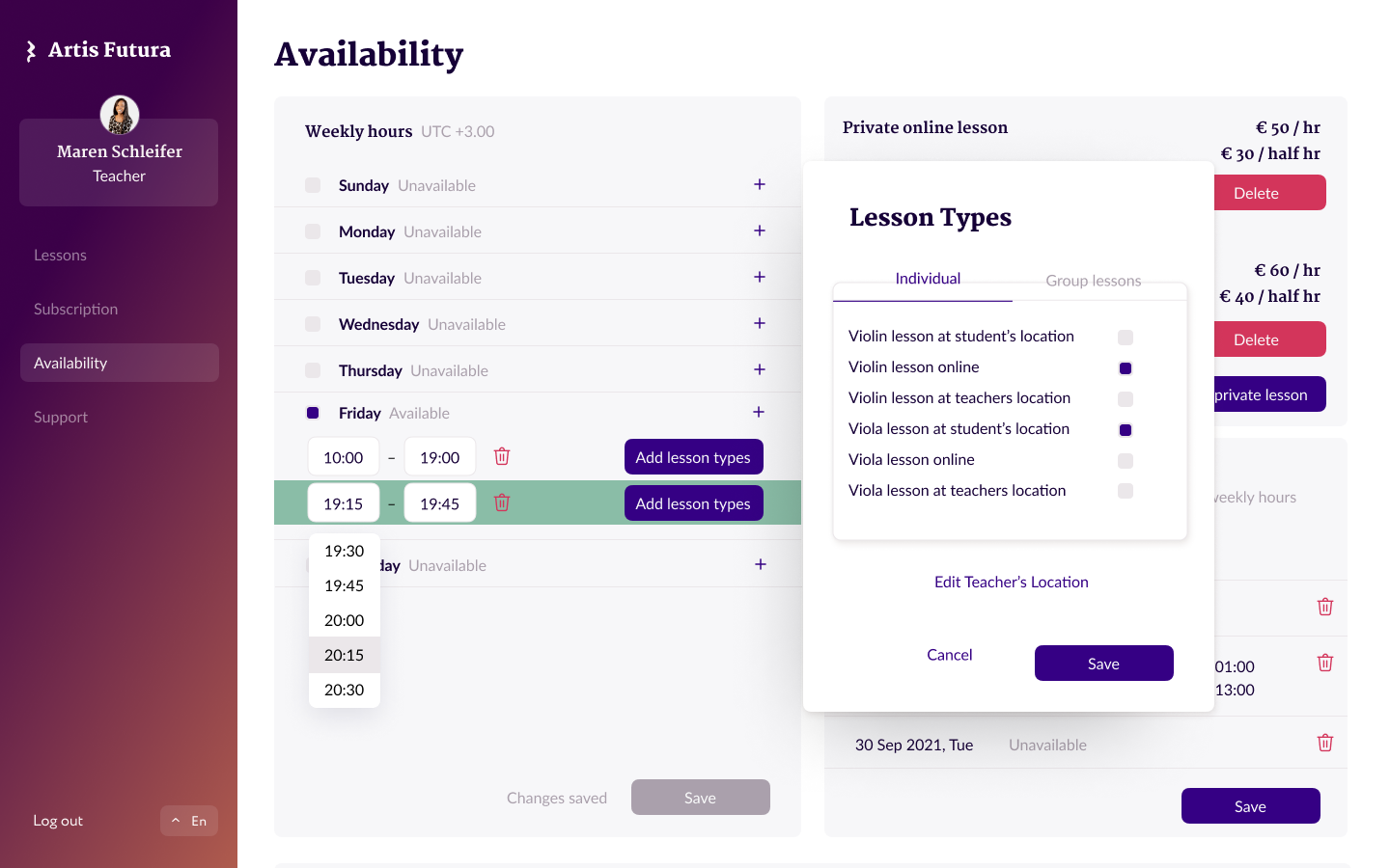 Overview of the availability page on Artis Futura